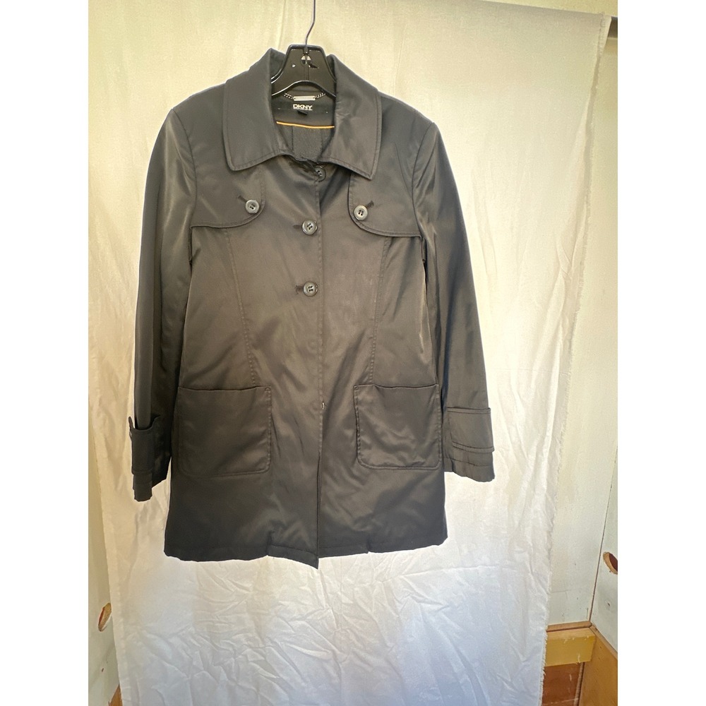 DKNY Black Trench Coat Classic Button Down Lightweight Jacket Size PS
